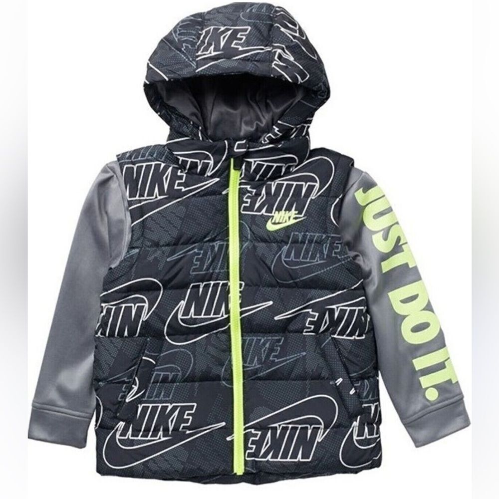 Nike‎ Boys Logo Print Black/Volt Size 4-5 Small Therma Padded Mock Vest Jacket